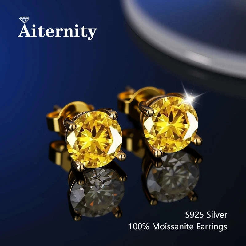 D Color Moissanite Stud Earrings in 925 Sterling Silver VVS1-6 Prong Yellow / 1ct(6.5mm)x 2pcs-box