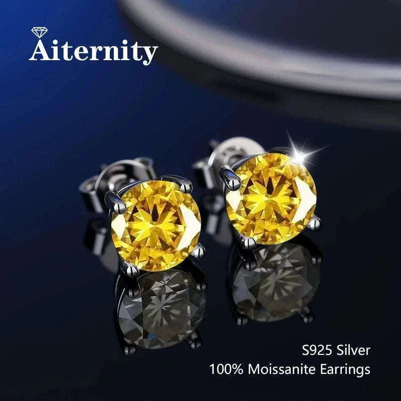 D Color Moissanite Stud Earrings in 925 Sterling Silver VVS1-6 Prong Yellow / 1ct(6.5mm)x 2pcs-box