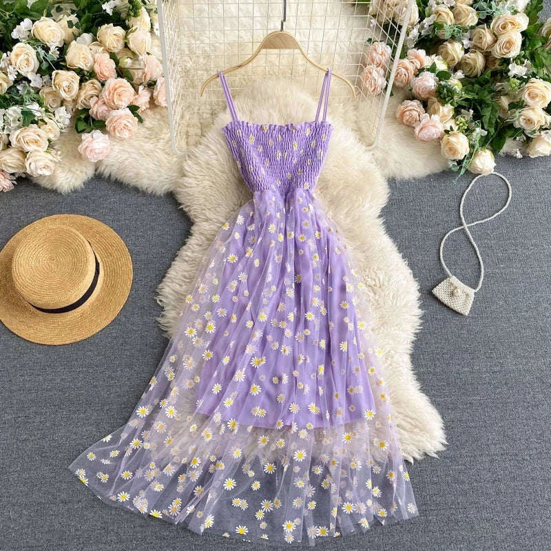 Daisy Mesh Midi Dress with Adjustable Straps-Pink / One Size