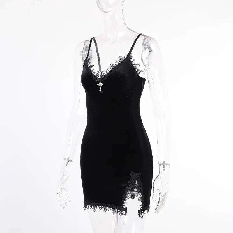 Dark Cross Black Mini Dress with Gothic Cut-Out Detail-black / S
