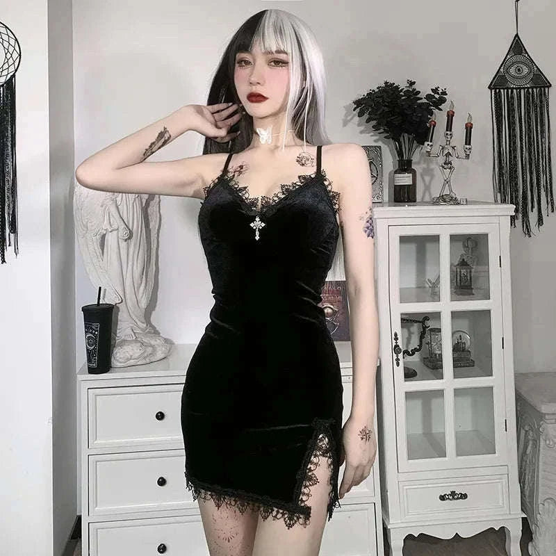 Dark Cross Black Mini Dress with Gothic Cut-Out Detail-black / S