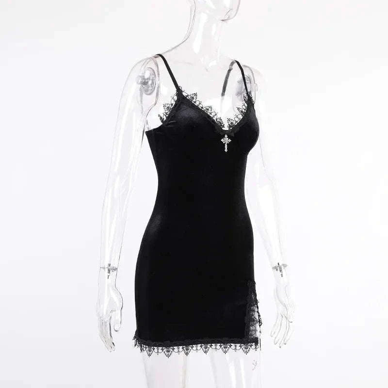 Dark Cross Black Mini Dress with Gothic Cut-Out Detail-black / S