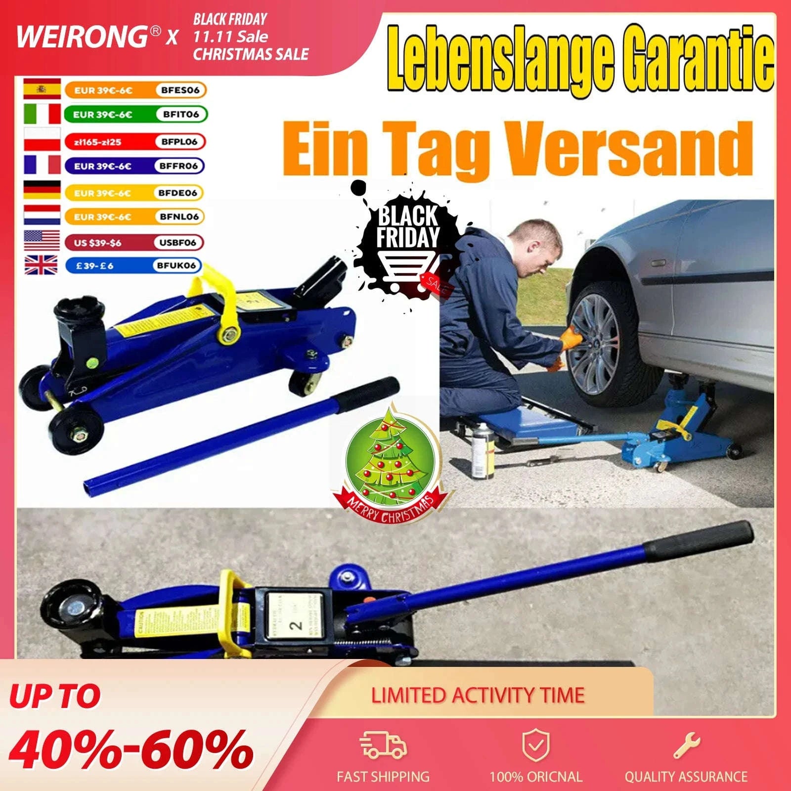 DayPlus 2‑Tonne Hydraulic Trolley Jack with Steel Frame and 360° Wheels-Blue / GERMANY