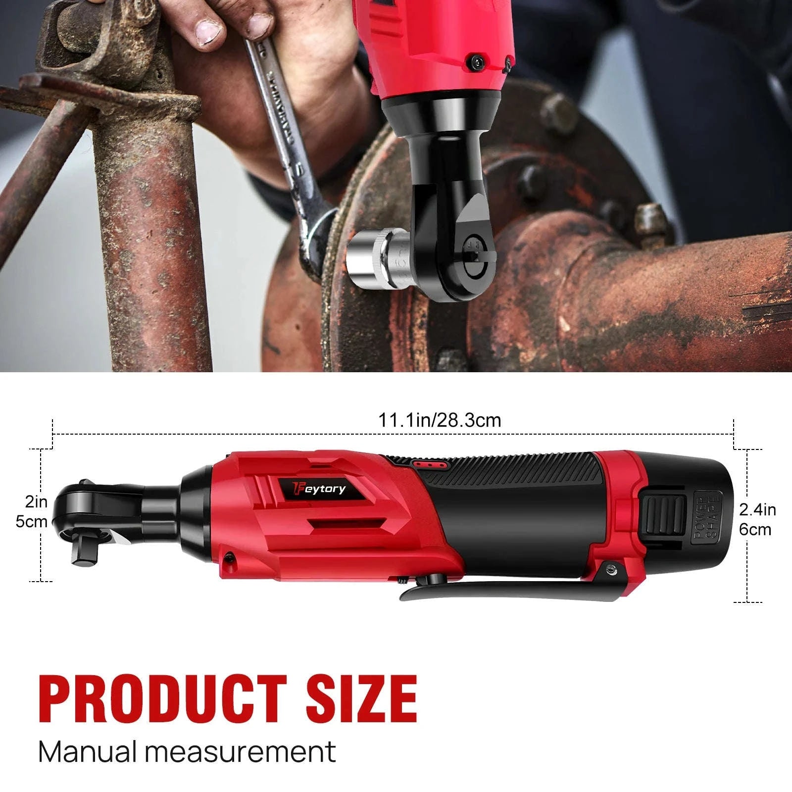 DayPlus 200Nm 3/8" Cordless Electric Ratchet Wrench with 90° Angle Head-Red / GERMANY