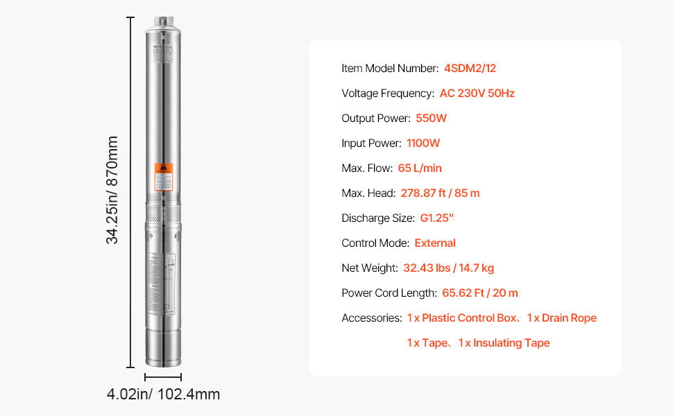 Deep Well Submersible Pump 230V with 65.65 ft Cord