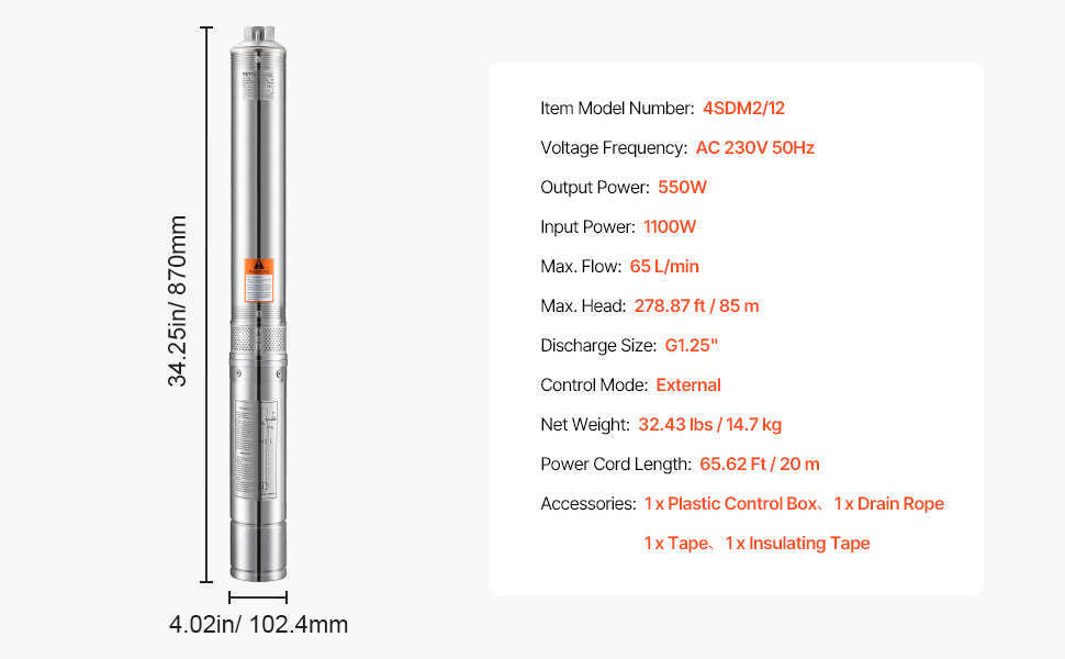 Deep Well Submersible Pump 230V with 65.65 ft Cord-1100W External Start / EU / france