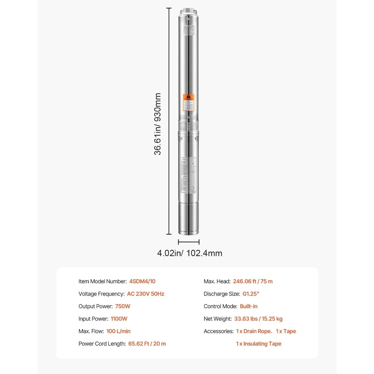Deep Well Submersible Pump 230V with 65.65 ft Cord-1100W External Start / EU / france