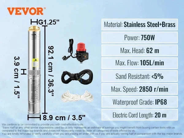 Deep Well Submersible Pump Stainless Steel High Head-370W Outer Starter / EU / CZECH REPUBLIC