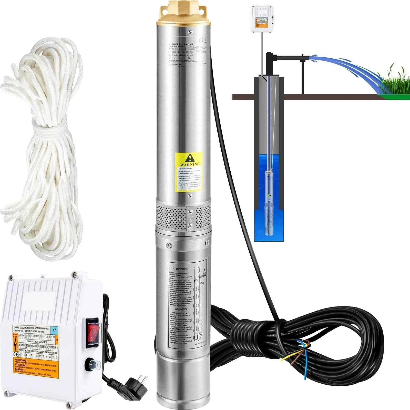 Deep Well Submersible Pump Stainless Steel High Head-370W Outer Starter / EU / CZECH REPUBLIC