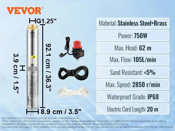 Deep Well Submersible Pump Stainless Steel High Head-370W Outer Starter / EU / CZECH REPUBLIC