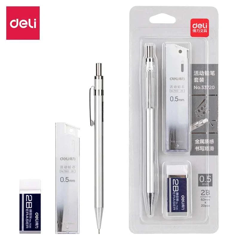 Deli 0.5mm Mechanical Pencil Set 2B Refillable Precision Writing-