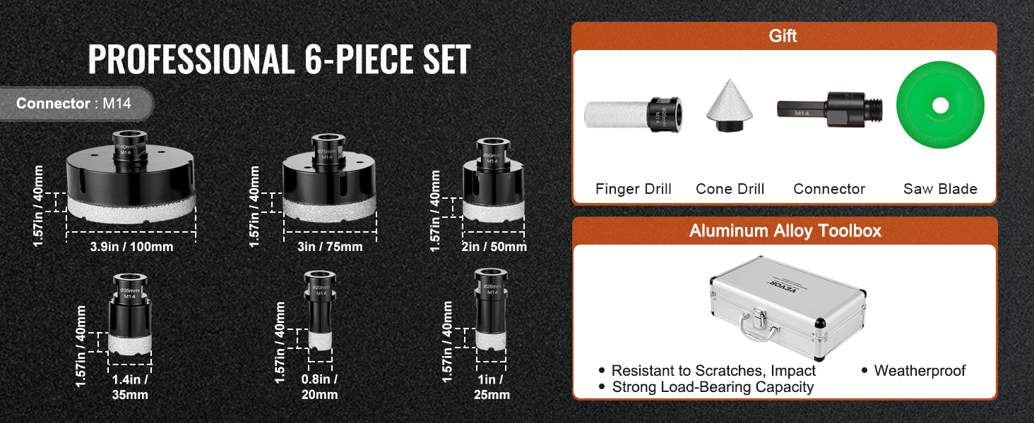 Diamond Core Drill Bit Set for Tile, Granite & Stone (6–11 PCS)