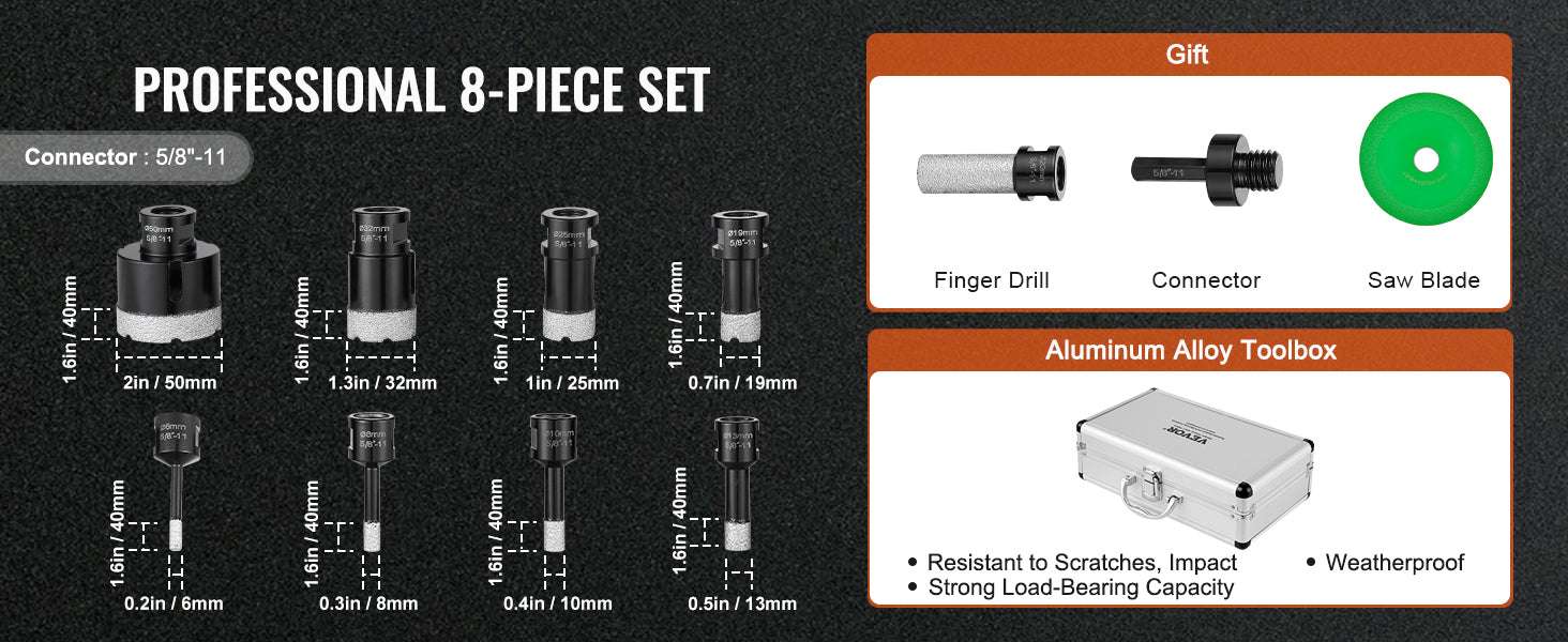 Diamond Core Drill Bit Set for Tile, Granite & Stone (6–11 PCS)-8PCs Type B / United States