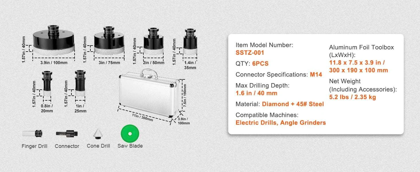 Diamond Core Drill Bit Set for Tile, Granite & Stone (6–11 PCS)-8PCs Type B / United States