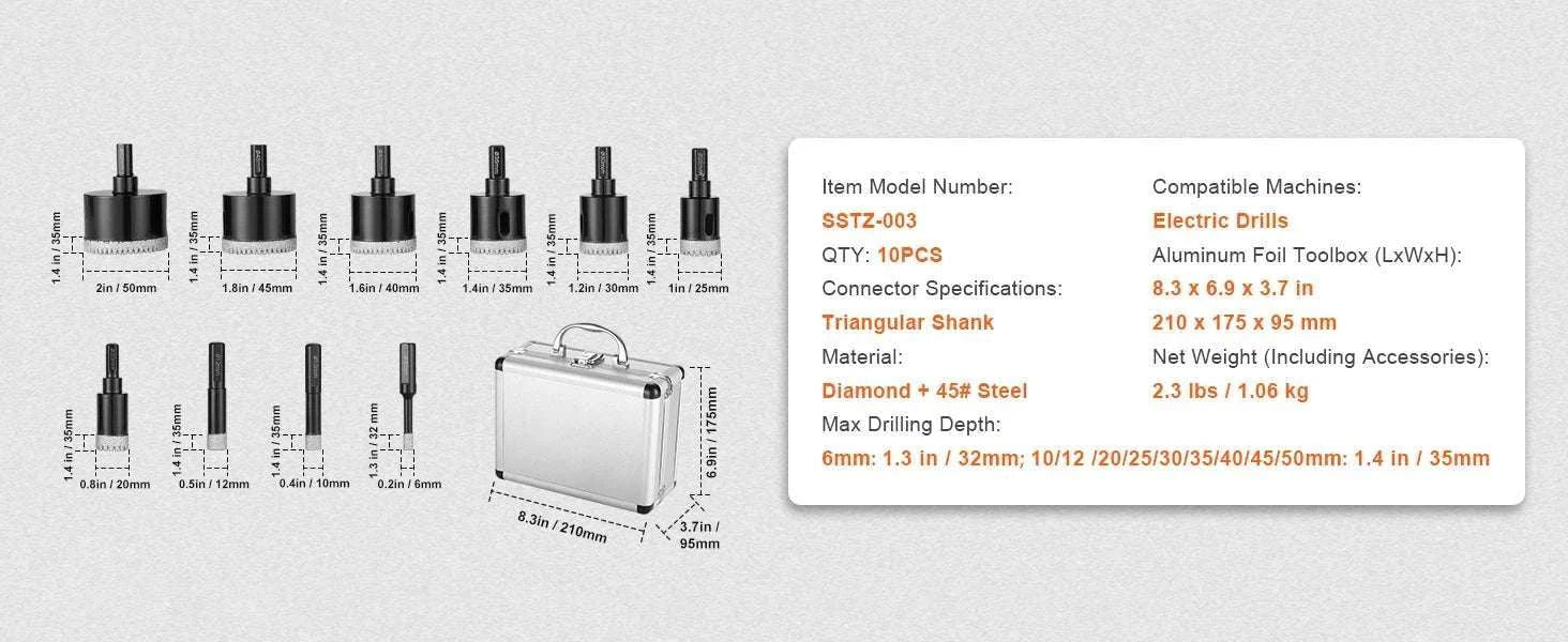 Diamond Core Drill Bit Set for Tile, Granite & Stone (6–11 PCS)-8PCs Type B / United States