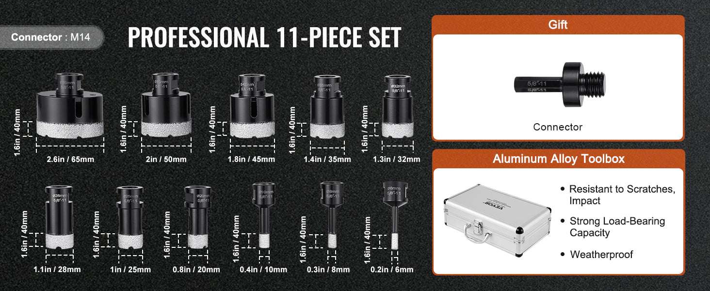 Diamond Core Drill Bit Set for Tile, Granite & Stone (6–11 PCS)-8PCs Type B / United States