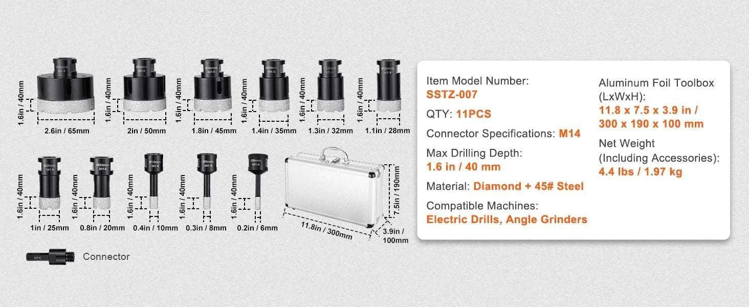 Diamond Core Drill Bit Set for Tile, Granite & Stone (6–11 PCS)-8PCs Type B / United States