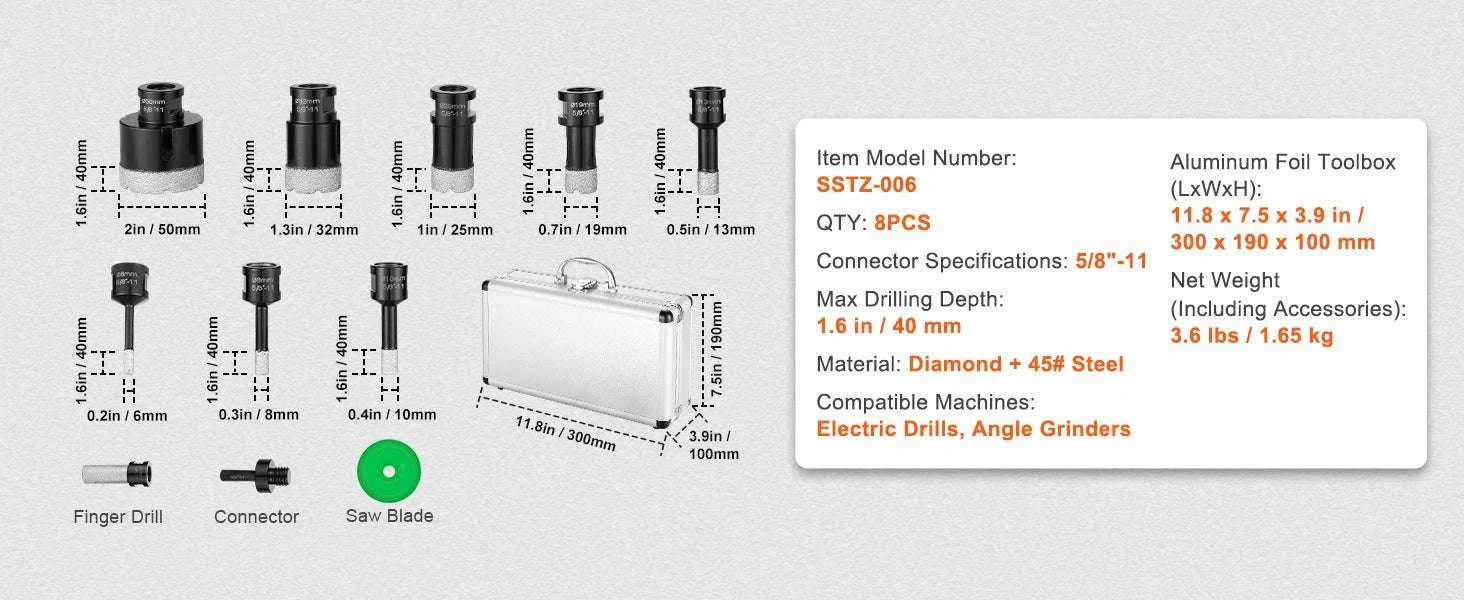 Diamond Core Drill Bit Set for Tile, Granite & Stone (6–11 PCS)-8PCs Type B / United States