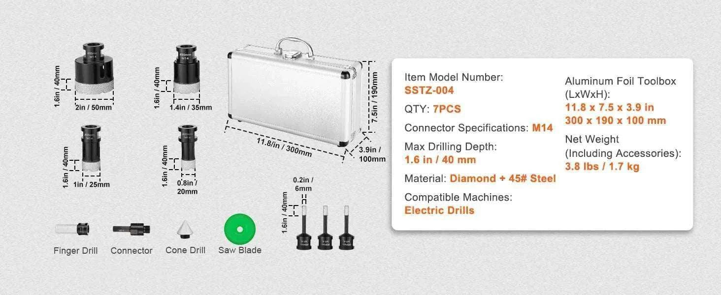 Diamond Core Drill Bit Set for Tile, Granite & Stone (6–11 PCS)-8PCs Type B / United States