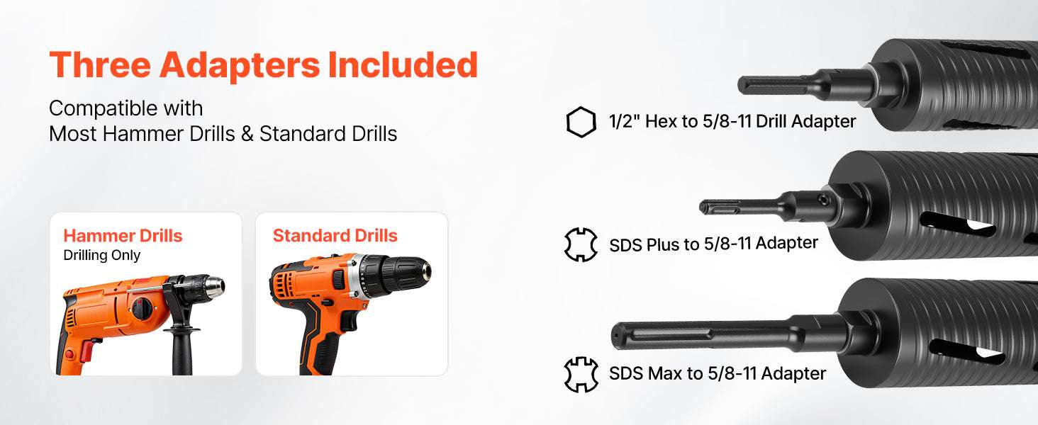 Diamond Core Drill Bit with Adapters for Concrete & Brick Drilling-
