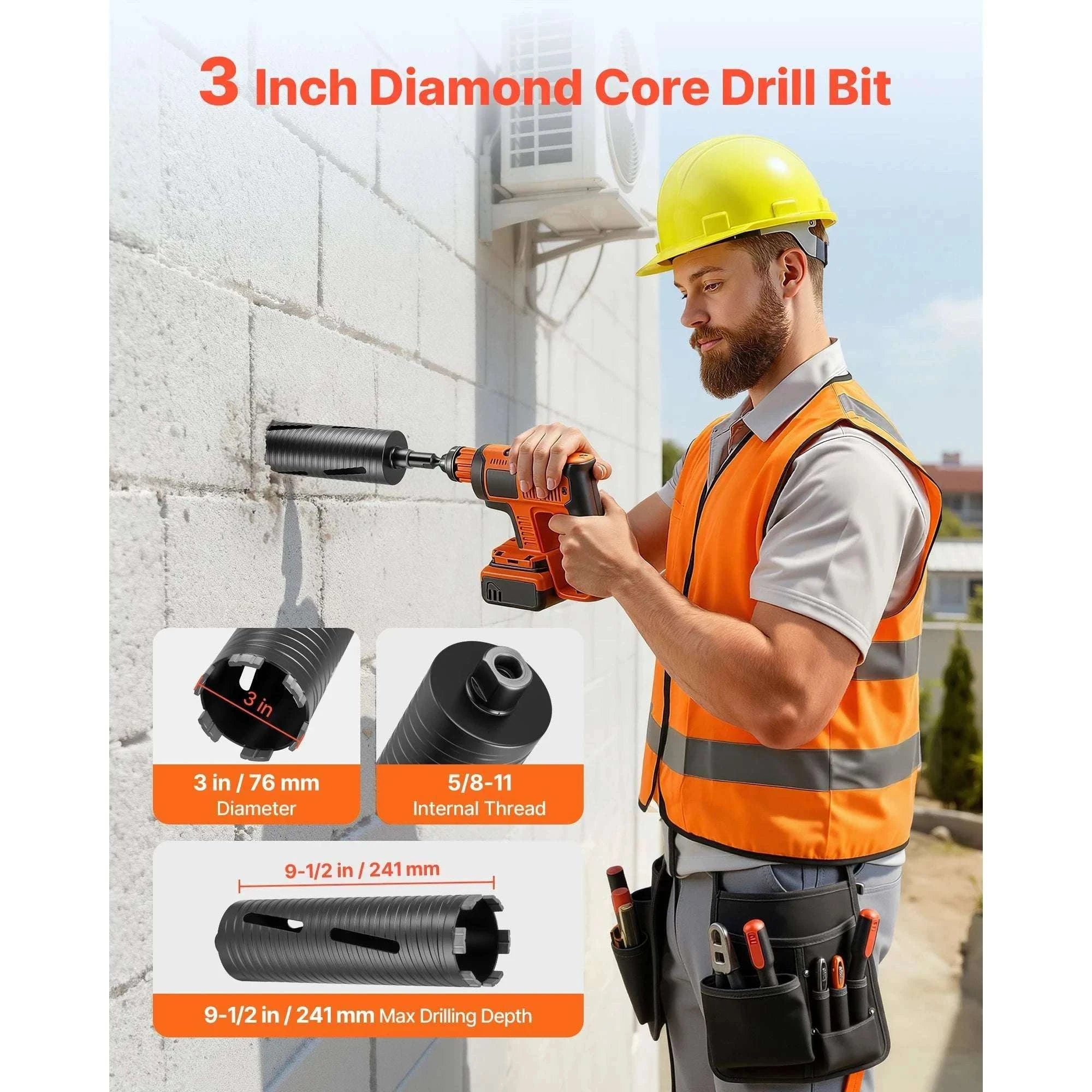 Diamond Core Drill Bit with Adapters for Concrete & Brick Drilling-Dry Drill 25x240 / United States