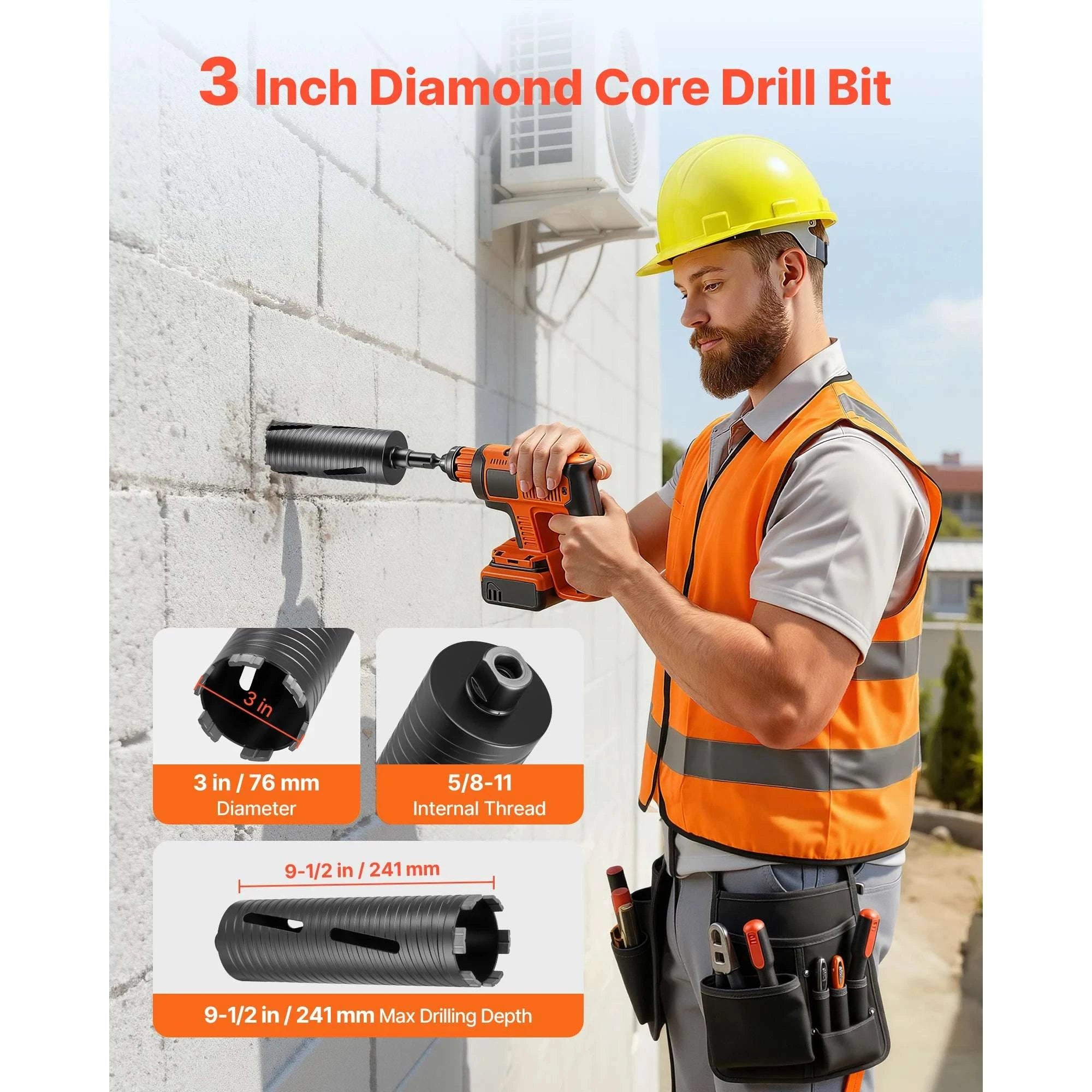 Diamond Core Drill Bit with Adapters for Concrete & Brick Drilling-