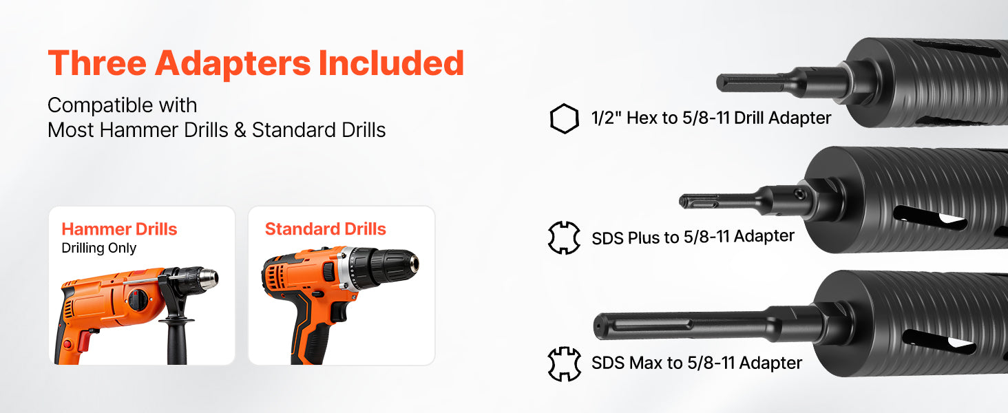 Diamond Core Drill Bit with Adapters for Concrete & Brick Drilling