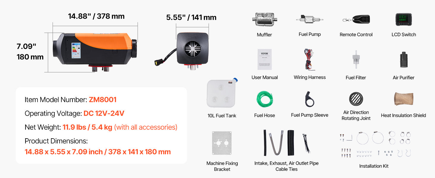 Chauffage d'air diesel 8KW 12-24V avec télécommande pour camping-car et véhicules