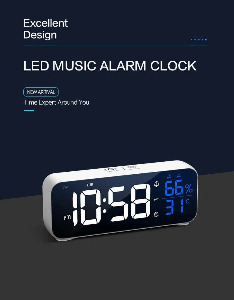 Digital Alarm Clock with Temperature, Dual Alarms & LED Display-Black