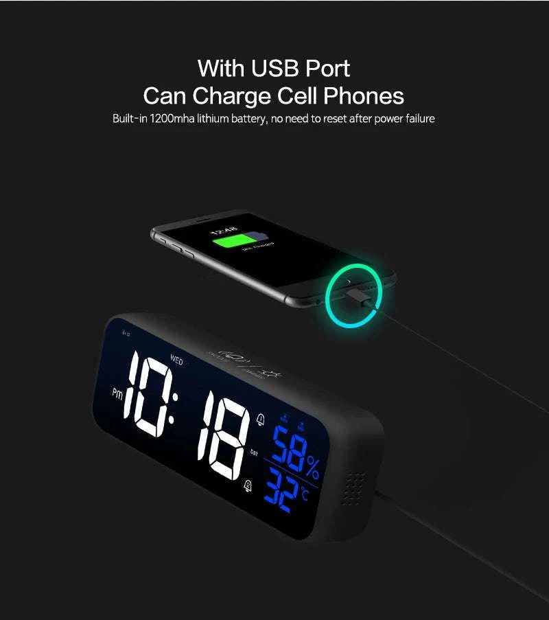 Digital Alarm Clock with Temperature, Dual Alarms & LED Display-Black