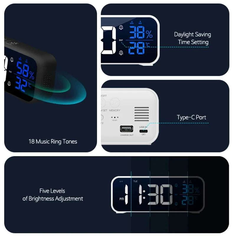 Digital Alarm Clock with Temperature, Dual Alarms & LED Display-Black
