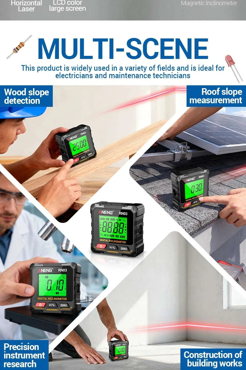 Digital Angle Gauge 0.05° Accuracy 360° Magnetic Inclinometer-RN03 with Laser