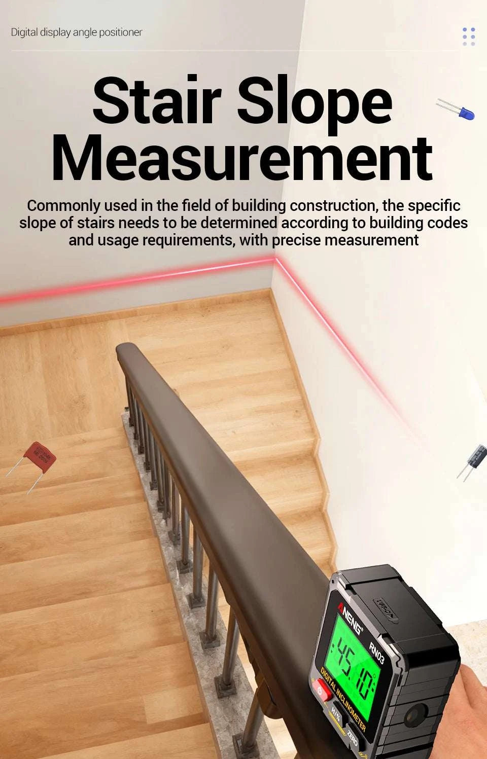 Digital Angle Gauge 0.05° Accuracy 360° Magnetic Inclinometer-RN03 with Laser