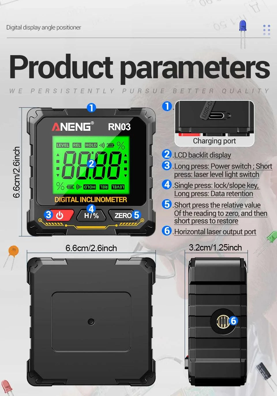 Digital Angle Gauge 0.05° Accuracy 360° Magnetic Inclinometer-RN03 with Laser