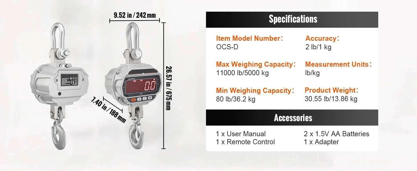 Digital Crane Scale 3000–5000 kg Heavy Duty Hanging Scale with Remote-5000 kg / United States