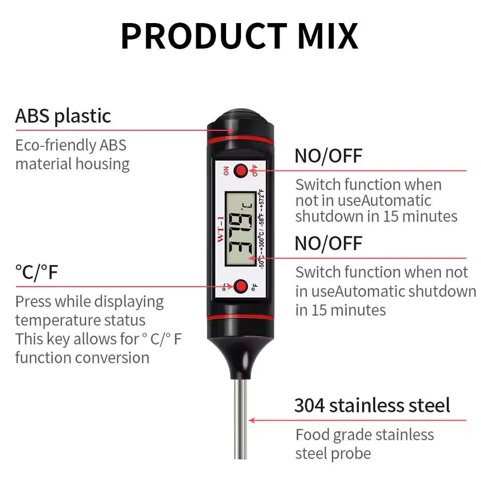 Digital Food Thermometer with Probe for Meat, BBQ, Cooking-black / China Mainland