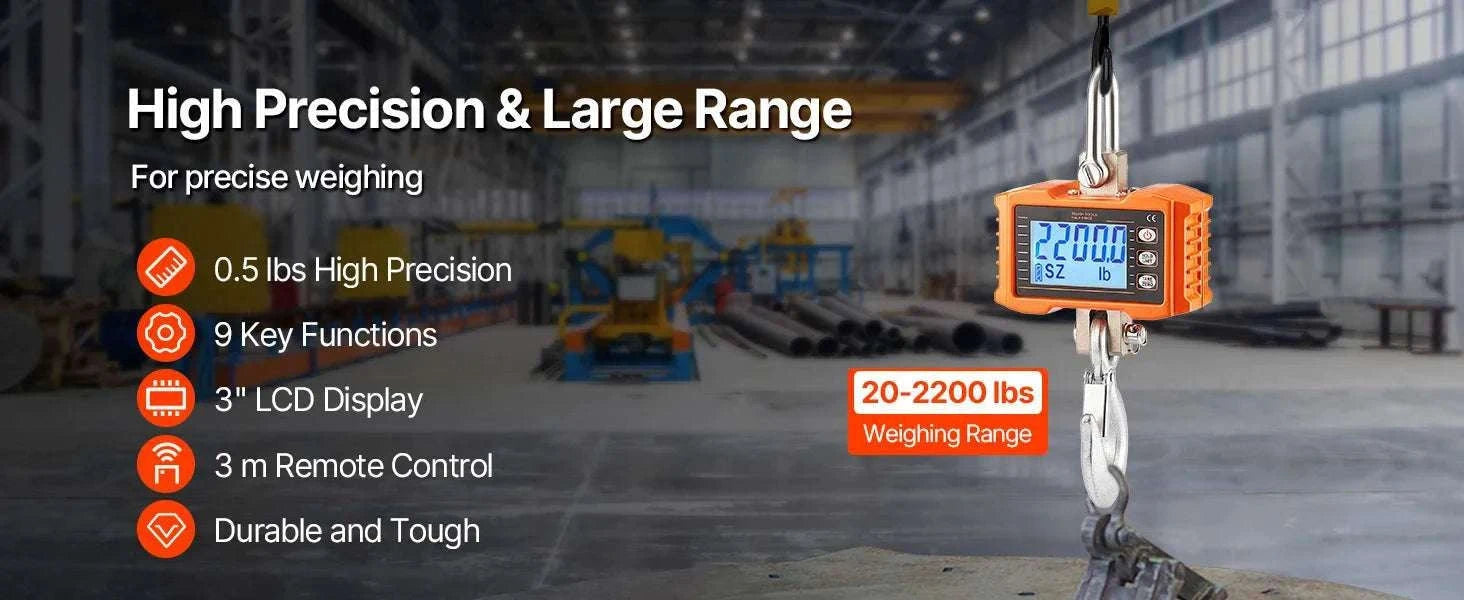 Digital Hanging Crane Scale 1000kg with Remote & LCD Display-