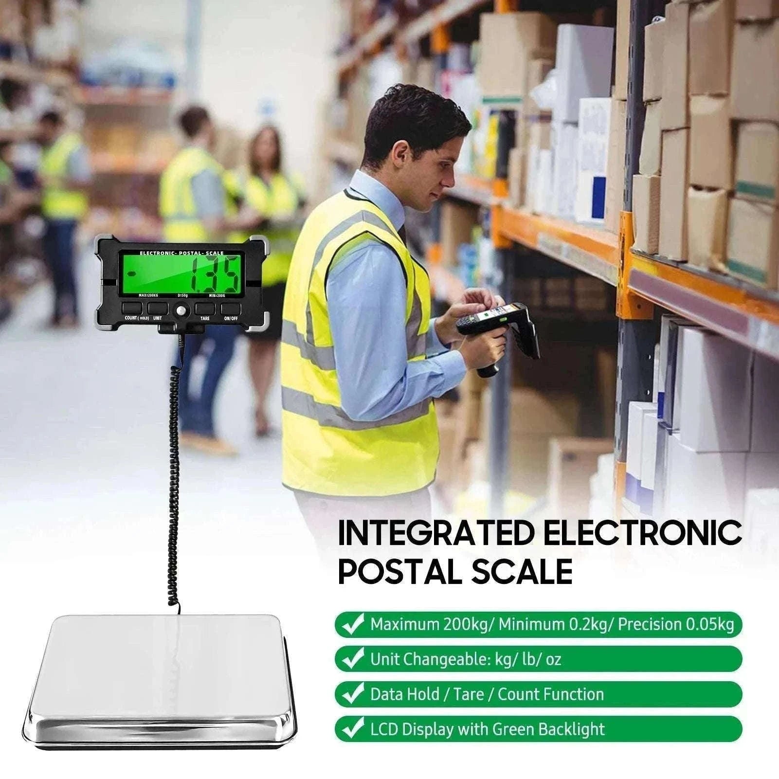 Digital Postal Scale 200kg Capacity with LCD Backlight Display-120kg 10g