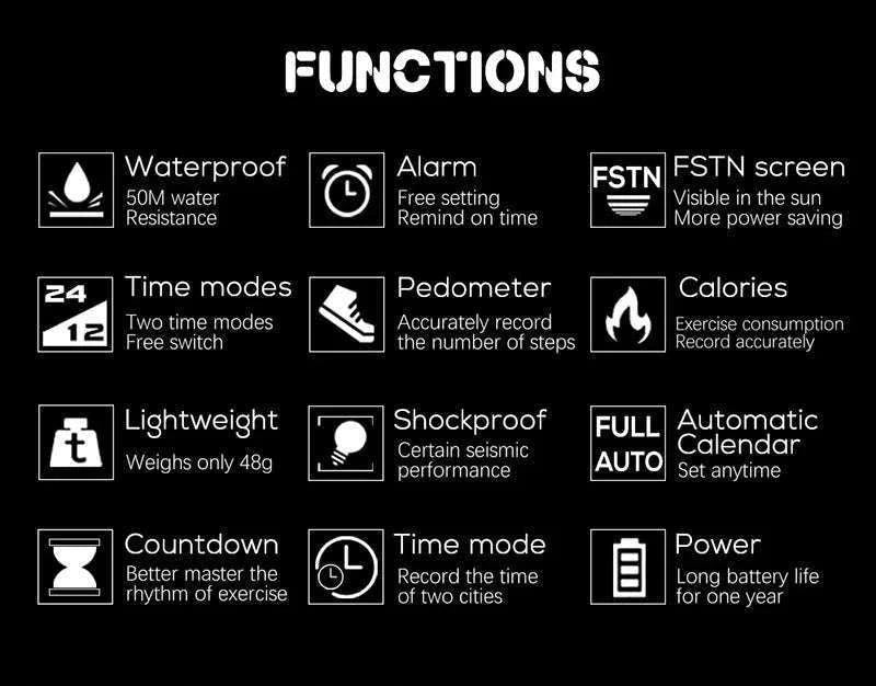 Digital Sports Watch 50M Waterproof Dual Time Step Tracker-Black