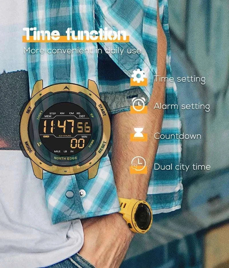 Digital Sports Watch 50M Waterproof Dual Time Step Tracker-Black