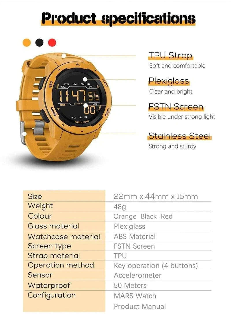 Digital Sports Watch 50M Waterproof Dual Time Step Tracker-Black