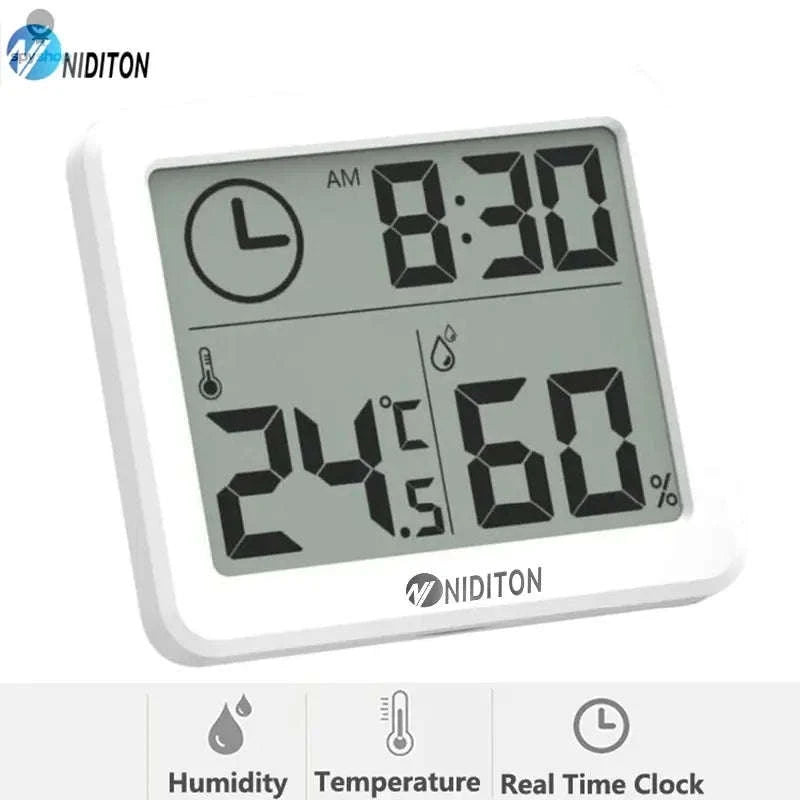 Digital Temperature Humidity Clock – LED Display, Indoor Climate Tracking, Modern Design-White with battery