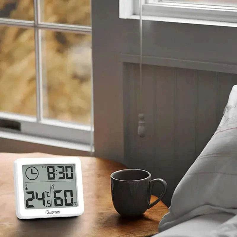 Digital Temperature Humidity Clock – LED Display, Indoor Climate Tracking, Modern Design-White with battery