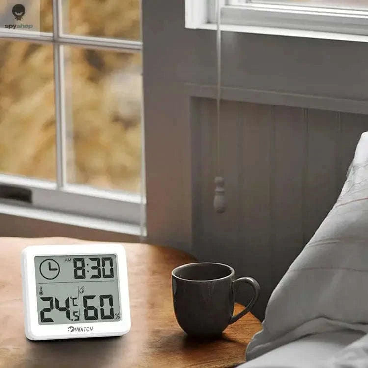 Digital Temperature Humidity Clock – LED Display, Indoor Climate Tracking, Modern Design-White with battery