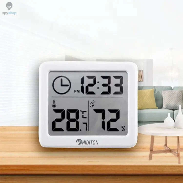 Digital Temperature Humidity Clock – LED Display, Indoor Climate Tracking, Modern Design-White with battery