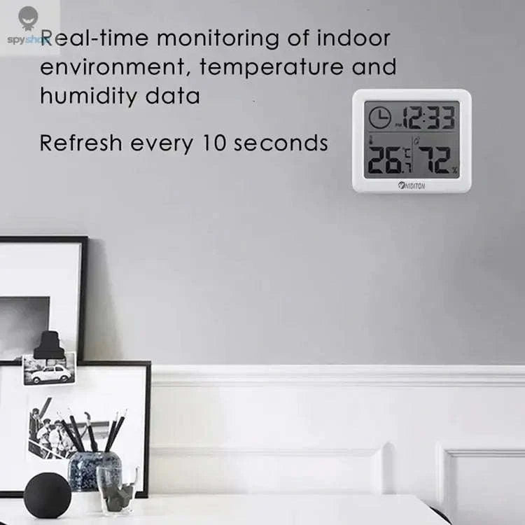 Digital Temperature Humidity Clock – LED Display, Indoor Climate Tracking, Modern Design-White with battery