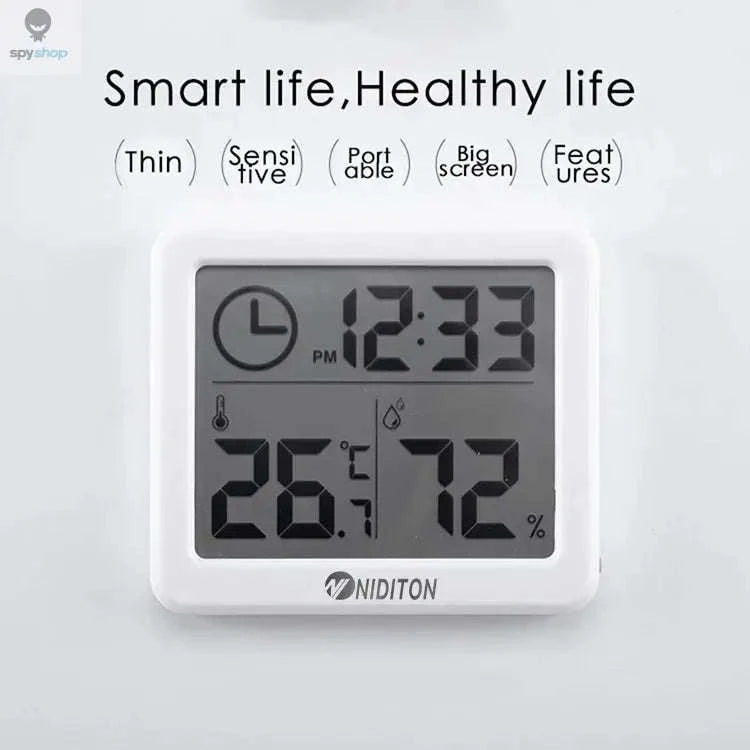 Digital Temperature Humidity Clock – LED Display, Indoor Climate Tracking, Modern Design-White with battery
