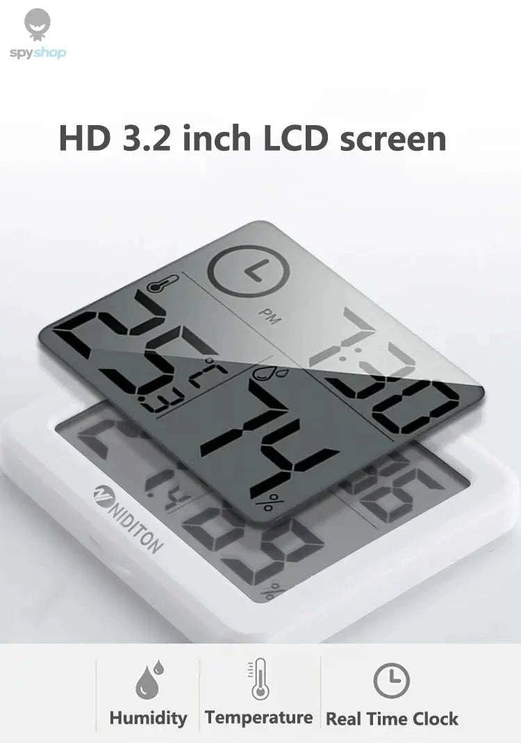 Digital Temperature Humidity Clock – LED Display, Indoor Climate Tracking, Modern Design-White with battery