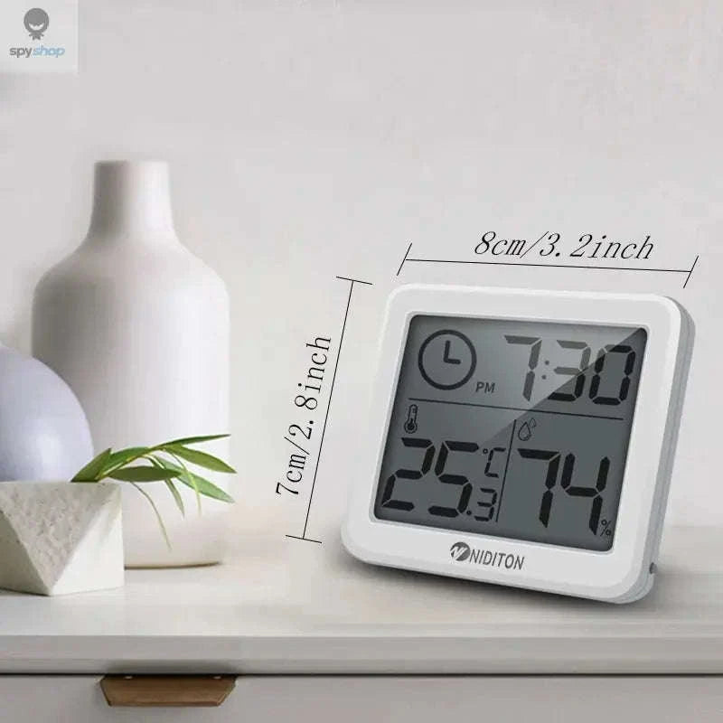 Digital Temperature Humidity Clock – LED Display, Indoor Climate Tracking, Modern Design-White with battery
