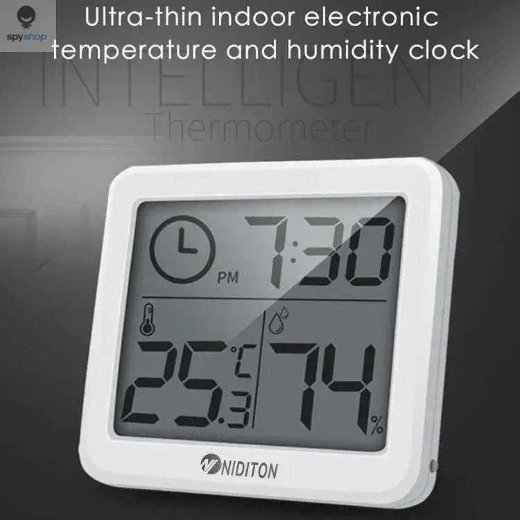 Digital Temperature Humidity Clock – LED Display, Indoor Climate Tracking, Modern Design-White with battery